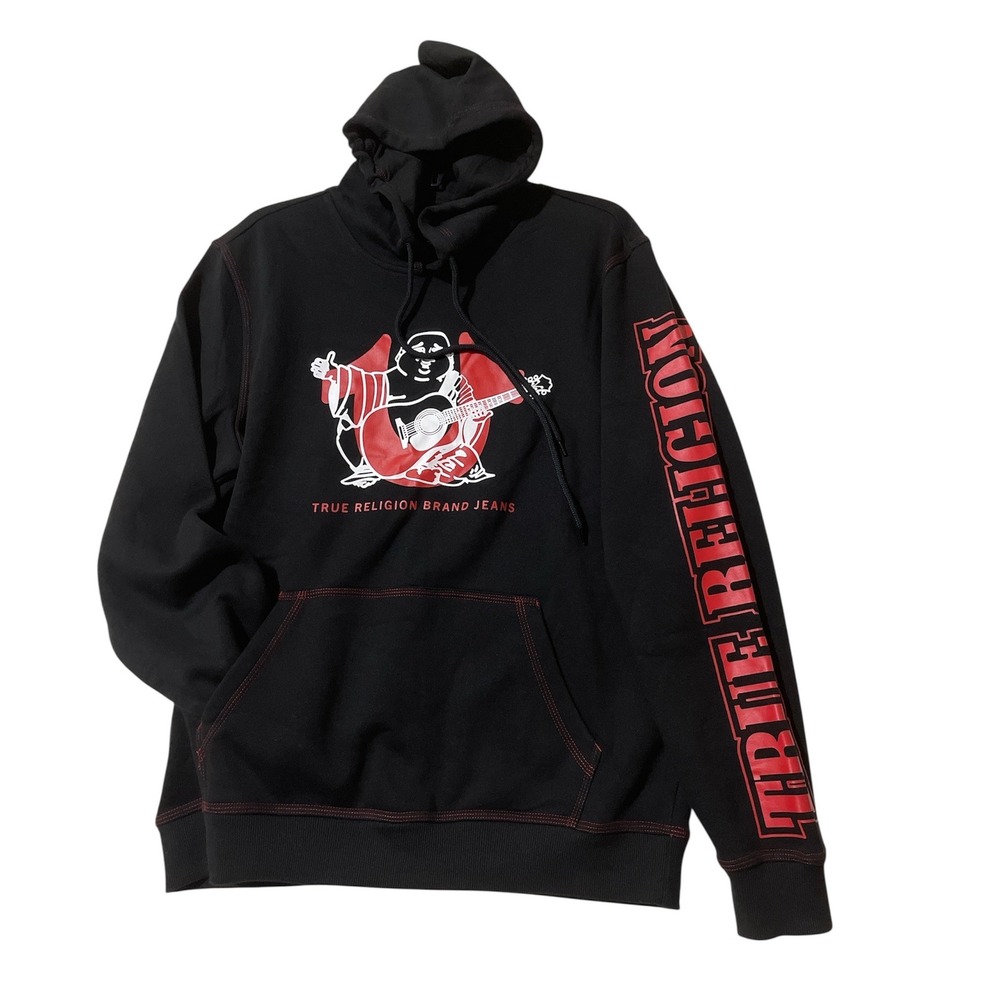 True Religion Mens Buddha Logo Hoodie Jet Black Red Contrast Stitch‎ Medium $119
